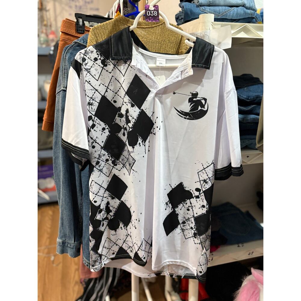 Men’s Funny Golf Polo Shirt XL Black White Graphic Performance Tee